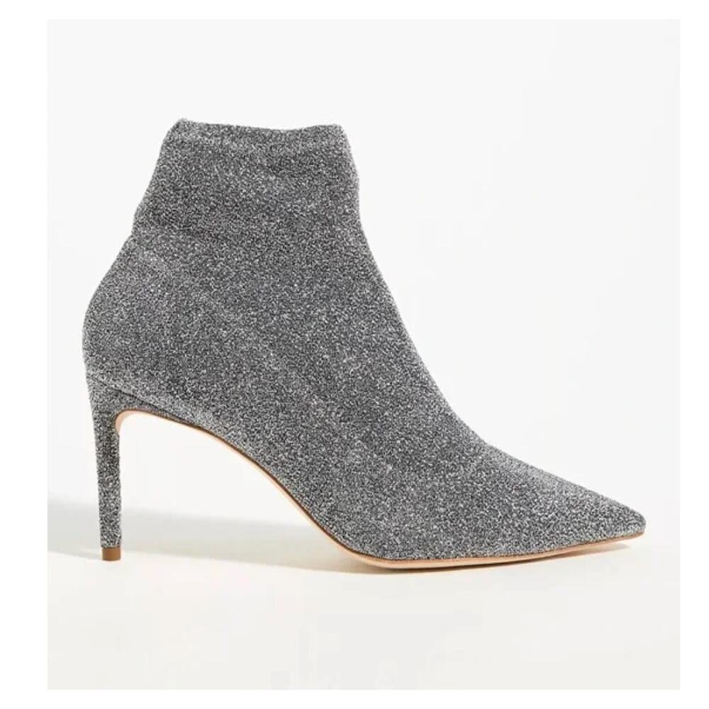 Guilhermina x Anthropologie Silver Glitter Sock Stiletto Ankle Bootie
